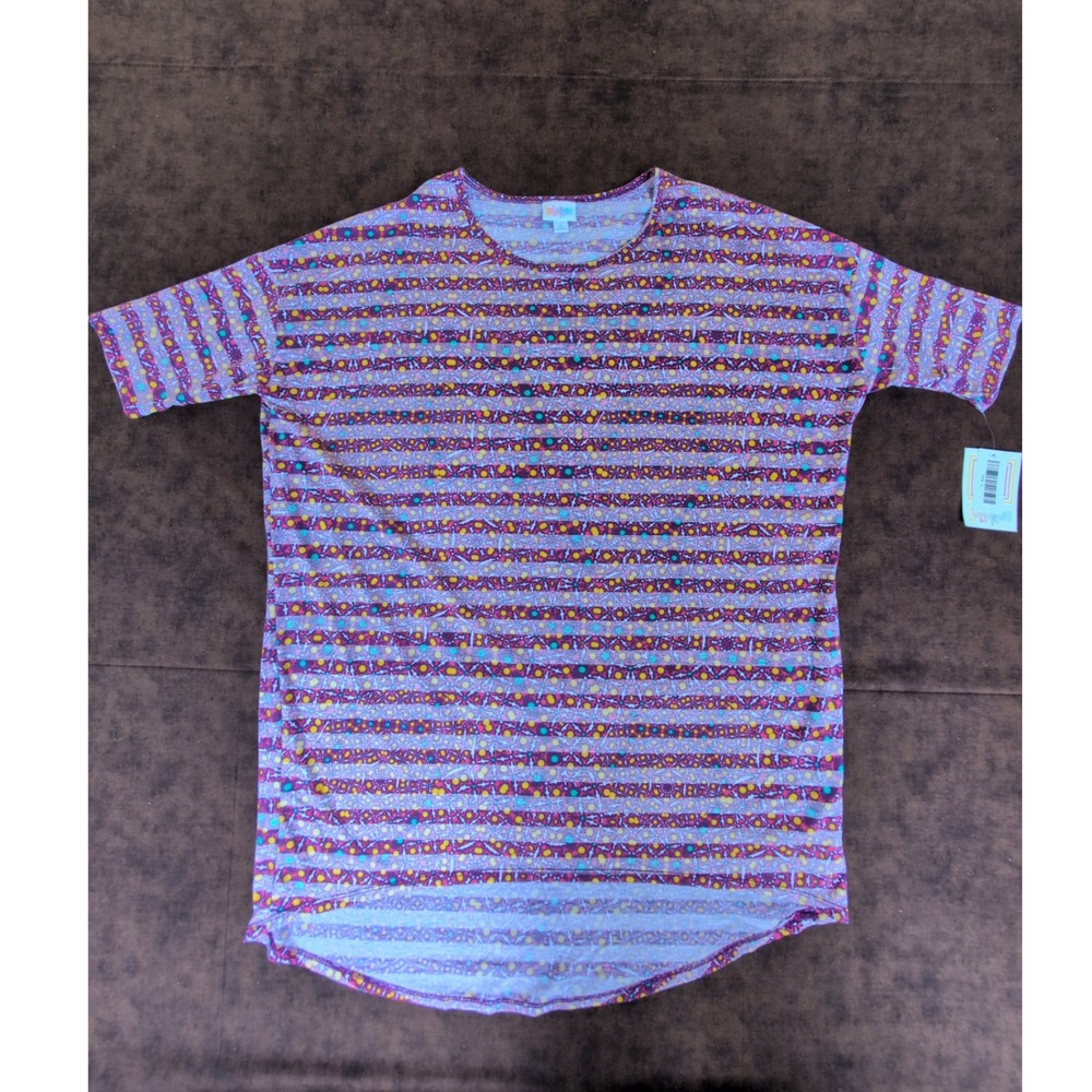 LuLaRoe Irma Tunic Top Large Purple Geometric Stripe High Low Short Sleeve NEW